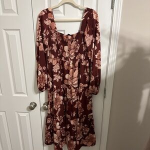 Floral Brown and Burgundy Midi Dress